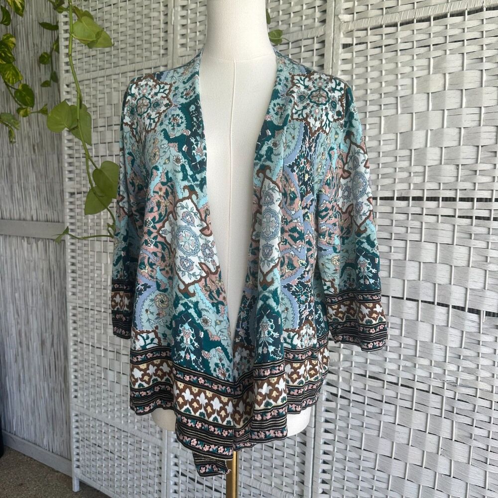 Chico's Size 3 Women's XL Blue Paisley Medallion Geometric Garden 3/4 Sleeve Car